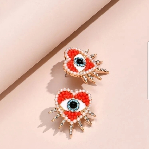 NEW Faux Pearl and Rhinestone Heart BRIGHT RED Eye 🧿 earrings for GOOD 🍀 - Picture 3 of 3